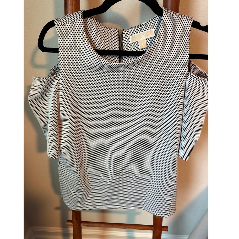 Michael Kors Cold Shoulder Top Black White Geometric Knit Blouse Medium